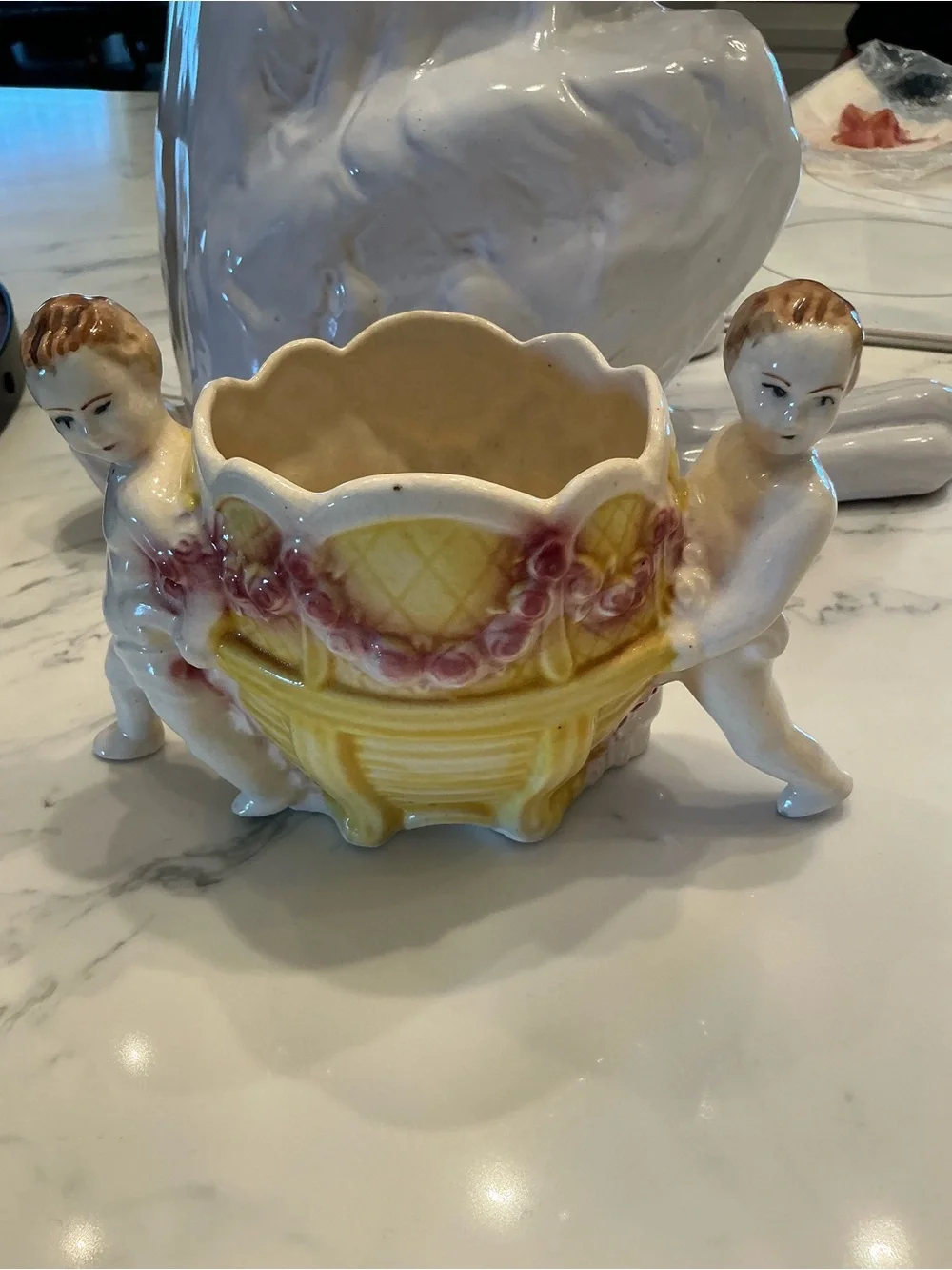 Vintage Cherub Planter in Yellow and Pink